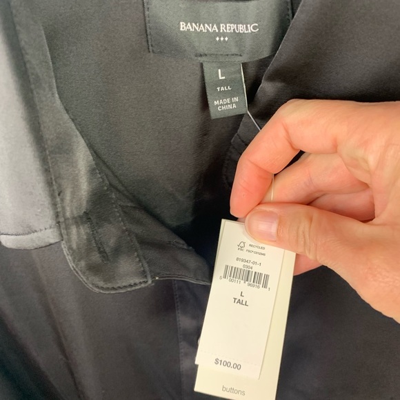 NWT Banana Republic Factory Large Tall LT Black Satin Shirt Dress Button Front - Picture 3 of 6
